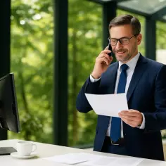 Biznesmen w garniturze rozmawia przez telefon, trzymając dokumenty. Zastanawia się, czy JDG może zatrudniać.