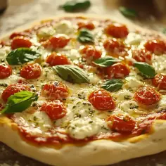 Świeże składniki na pizzę: pomidorki koktajlowe, mozzarella, bazylia i ser.