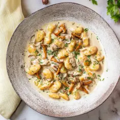Puszyste gnocchi w kremowym sosie z kurkami i posiekaną natką pietruszki, podane w rustykalnej misce.