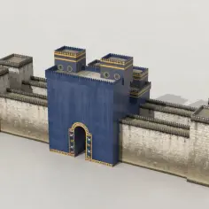 Brama Isztar, przypominająca ziggurat, z niebieskimi ścianami i złotymi zdobieniami, otoczona kamiennymi murami obronnymi.