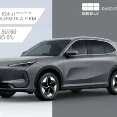 Szary Geely EX5 na tle szarego tła. Oferta wynajmu dla firm i kredytu 50/50 RRSO 0%.