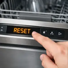 Palec naciska przycisk "RESET" na panelu zmywarki, pokazując, jak zresetować zmywarkę.