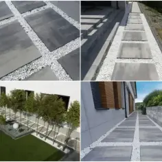 Nowoczesna opaska wokół domu z płyt chodnikowych i białego żwiru tworzy elegancką ścieżkę.