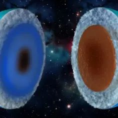 Przekrój przez najzimniejszą planetę układu słonecznego, ukazujący jej niebieską atmosferę, lodową warstwę i skaliste jądro.