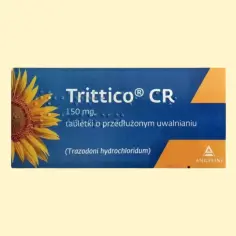 Opakowanie leku Trittico CR 150 mg, tabletek o przedłużonym uwalnianiu, z motywem słonecznika.
