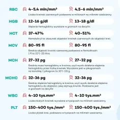 Tabela z wynikami badań krwi: RBC, HGB, HCT, MCV, MCH, MCHC, WBC, PLT. Wyniki gazometrii i inne parametry.