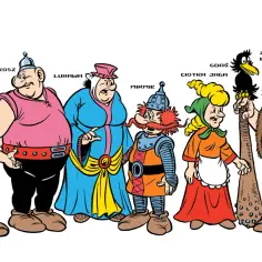 Kajko, Kokosz, Lubawa, Mirmil, ciotka Jaga, Gdas i Zbój Kamignat stoją obok siebie.