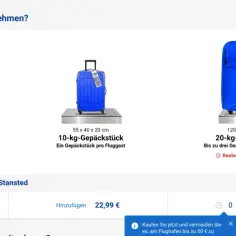 Ryanair bagaż rejestrowany 10 kg. Niebieska walizka na wadze, obok opisu bagażu 10 kg i 20 kg.