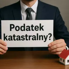 Mężczyzna w garniturze trzyma tabliczkę z napisem "Podatek katastralny?". Obok stoi model domu.