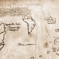 Fragment mapy z zaznaczonymi wyspami, w tym Winlandia Insula. Widoczne napisy po łacinie i staronordyckim.