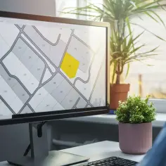 Monitor wyświetla mapę działek z zaznaczoną żółtą działką.