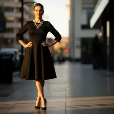 Elegancka kobieta w czarnej sukience, z naszyjnikiem, na ulicy. Jak rozjaśnić czarną sukienkę? Dodaj błyszczące dodatki!