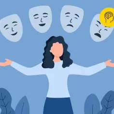 Kobieta prezentuje różne maski emocji, od radości po smutek. To ilustracja o tym, o czym świadczy przeklinanie, pokazująca złożoność ludzkich uczuć.