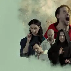 Grupa ludzi w dramatycznych pozach, w tle wybuchy. Wśród nich postać w habicie, symbolizująca polski mesjanizm i walkę o wolność.