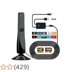 Antena HDTV z logotypami kanałów i oznaczeniami 4K/1080p.