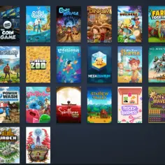Widok biblioteki gier Steam z miniaturkami gier i menu po lewej stronie.