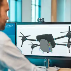 Mężczyzna pracuje przy komputerze, na ekranie widoczny jest model drona w programie symulacyjnym.