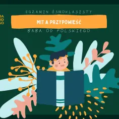 Egzamin ósmoklasisty: mit a przypowieść. Dziecko z wiankiem na głowie wyłania się z otwartej księgi, otoczone barwnymi liśćmi.