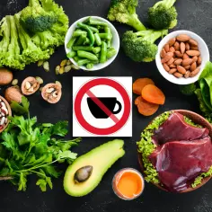 Produkty bogate w żelazo: wątróbka, fasola, szpinak, orzechy, migdały, brokuły, awokado, suszone morele. Znak zakazu picia kawy sugeruje, co wypłukuje żelazo.