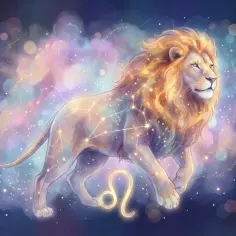 Majestatyczny lew z konstelacją na ciele, symbolizujący horoskop na jutro lew.