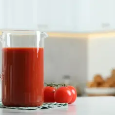 Dzbanek pełen soku pomidorowego i kilka pomidorów na blacie. Czy sok pomidorowy jest zdrowy? Tak, to świetne źródło witamin.