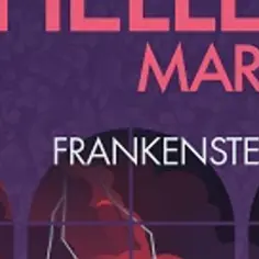 Okładka książki z napisem "Frankenstein" i imieniem Mary. W tle stylizowane okna i mroczne kształty.
