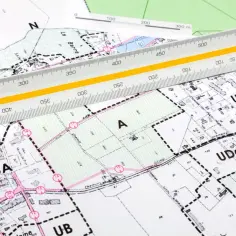 Plan zagospodarowania przestrzennego z naniesionymi strefami i numeracją działek, przyłożona linijka geodezyjna.