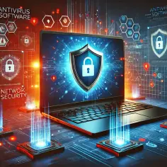 Cybernetyczne tarcze chronią przed cyberzagrożeniami. Laptop z symbolem kłódki i schematy sieci, antywirus i bezpieczeństwo.