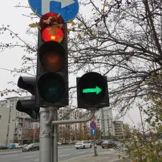 Sygnalizator S2 z czerwonym światłem i zieloną strzałką w prawo. Za nim drzewa i budynki.