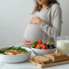 Kobieta w ciąży dba o zdrową dietę, na stole świeże owoce, warzywa, ryba i mleko.