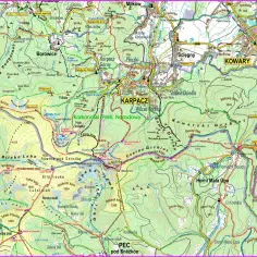 Mapa Karkonoszy z zaznaczonym Karpaczem. Widoczne szlaki turystyczne, szczyty i doliny.