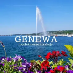 Kwiaty na pierwszym planie, w tle Jezioro Genewskie z fontanną Jet d'Eau. Genewa, gdzie jest to miasto pełne pięknych widoków.