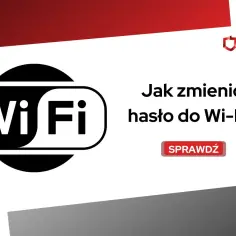Ikona Wi-Fi i tekst "Jak zmienić hasło do Wi-Fi?". Dowiedz się, jak zabezpieczyć swoją sieć.