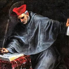 Kardynał w czerwonej birecie pochyla się nad księgą, pisząc piórem. Jego bonawentura to nauka i wiara.