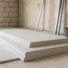 Stos płyt gipsowych na budowie, gotowych do montażu. Różne płyty gipsowe wymiary.
