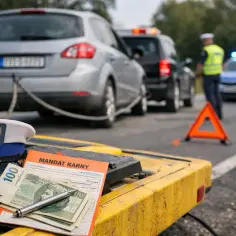 Policyjny mundur, mandat karny, pieniądze i holowany samochód na drodze.
