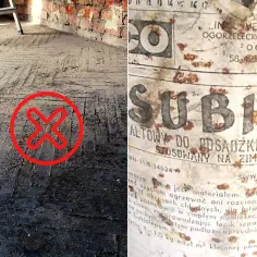 Czerwony krzyżyk na podłodze i etykieta z napisem SUBIT. Materiał do posadzki stosowany na zimno.