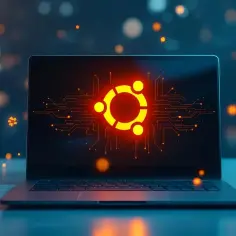 Laptop z logo Xubuntu na ekranie, otoczony cyfrowymi obwodami i migoczącymi światłami.