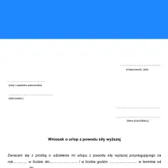 Wniosek o urlop z powodu siły wyższej, zgodnie z kodeksem pracy. Formularz do wypełnienia przez pracownika ubiegającego się o wolne.