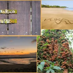 Tabliczki "Costa Rica" i "Pura Vida", plaża z napisem "Pura Vida" na piasku, zachód słońca nad oceanem i drzewo porośnięte grzybami. Czy Kostaryka jest bezpieczna? Tak, to raj!