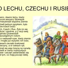 Ilustracja do legendy o Lechu, Czechu i Rusie. Trzej bracia w koronach jadą konno na tle zamku.