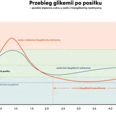 Krzywa cukrowa pokazuje, jak zmienia się poziom glukozy po posiłku. Osoba z hipoglikemią reaktywną doświadcza spadku cukru.