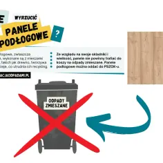 Gdzie wyrzucić panele podłogowe? Nie do zmieszanych, ale do PSZOK-u. Grafika pokazuje kosz na śmieci z przekreśleniem i strzałkę wskazującą właściwe miejsce.