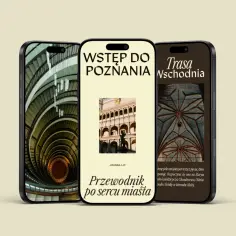 Trzy telefony prezentujące aplikację "Przewodnik po sercu miasta". Na ekranach widoki Poznania, w tym Plac Wolności.