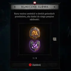 Interfejs gry Diablo 2 z informacją o tworzeniu słów runicznych. Dwie runy, jedna żółta, druga fioletowa, czekają na połączenie.