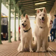 Dwa białe psy na dworcu, jakby czekały na pociąg, niczym bohaterowie filmu o psie, który jeździł koleją cały film.