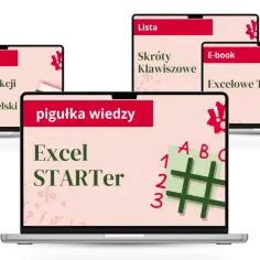 Laptopy prezentują materiały edukacyjne o Excelu: "Tłumacz funkcji", "Skróty klawiszowe", "Excelowe TRIKI" i "Excel STARTER".