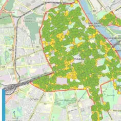 Mapa pokazuje strefę parkowania w Warszawie z zaznaczonymi parkomatami.