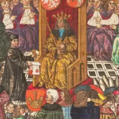 Król siedzi na tronie, otoczony dworzanami. Obraz, choć pełen splendoru, przypomina nieco paszkwil przez swoje stylizowane postacie i barwne tło.