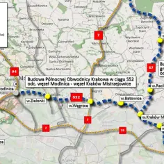 Mapa przedstawia budowę północnej obwodnicy Krakowa w ciągu S52 oraz drogi S7.